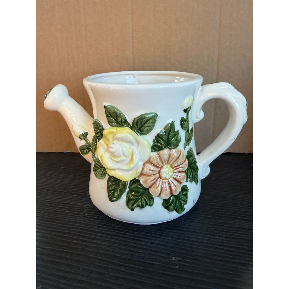 Vintage Rubens Originals Ceramic Watering Can Planter 3D Floral Rose Japan White